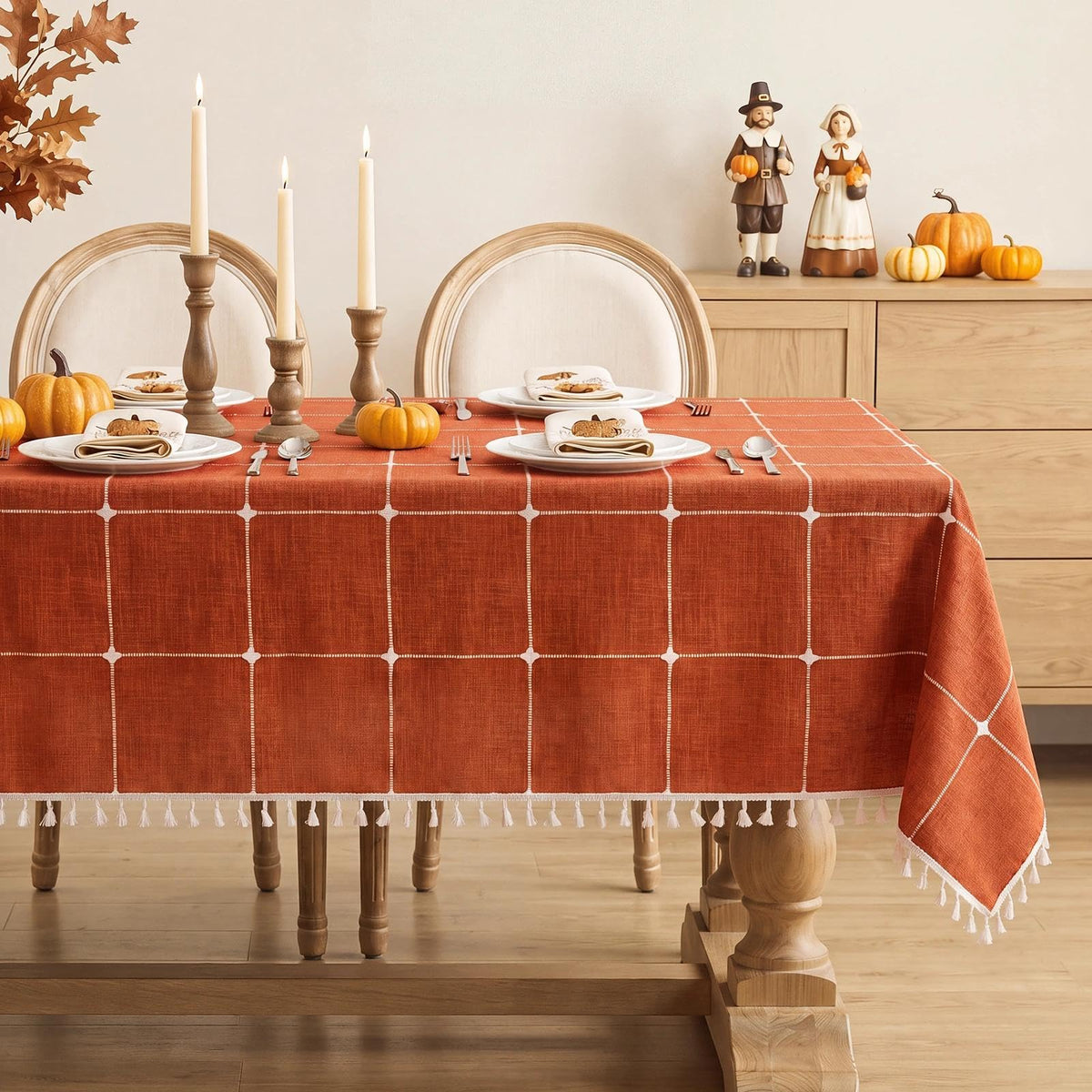 Fall Linen Rectangle Tablecloth with Tassel, 55 x 84 Inch
