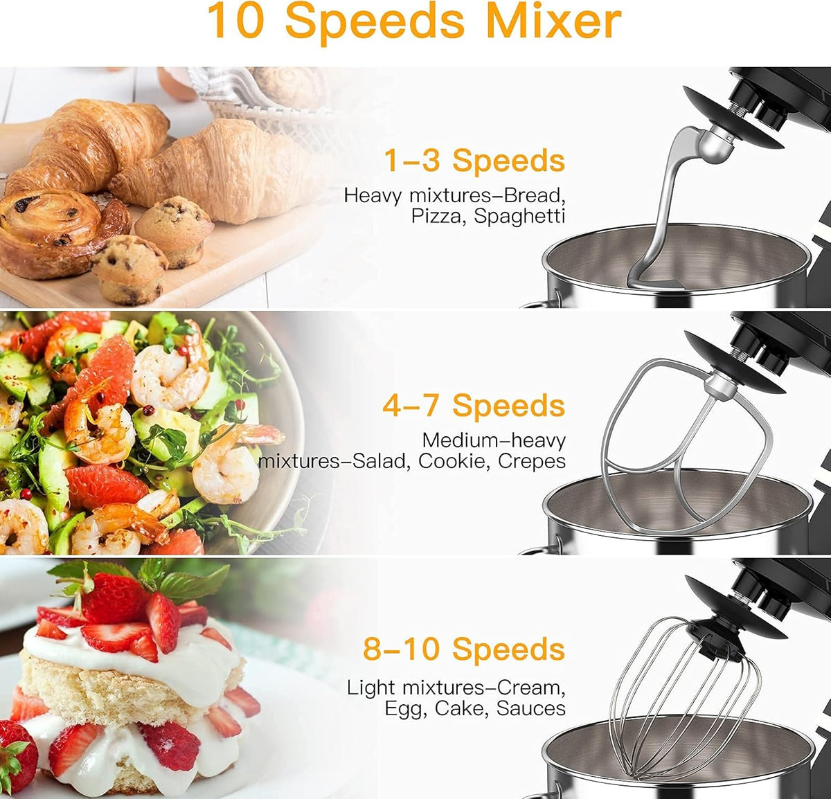 Stand Mixer, 7.5QT Kitchen Electric Food Mixer 10-Speed Tilt-Head Dough Mixer for Baking&Cake, with Stainless Steel