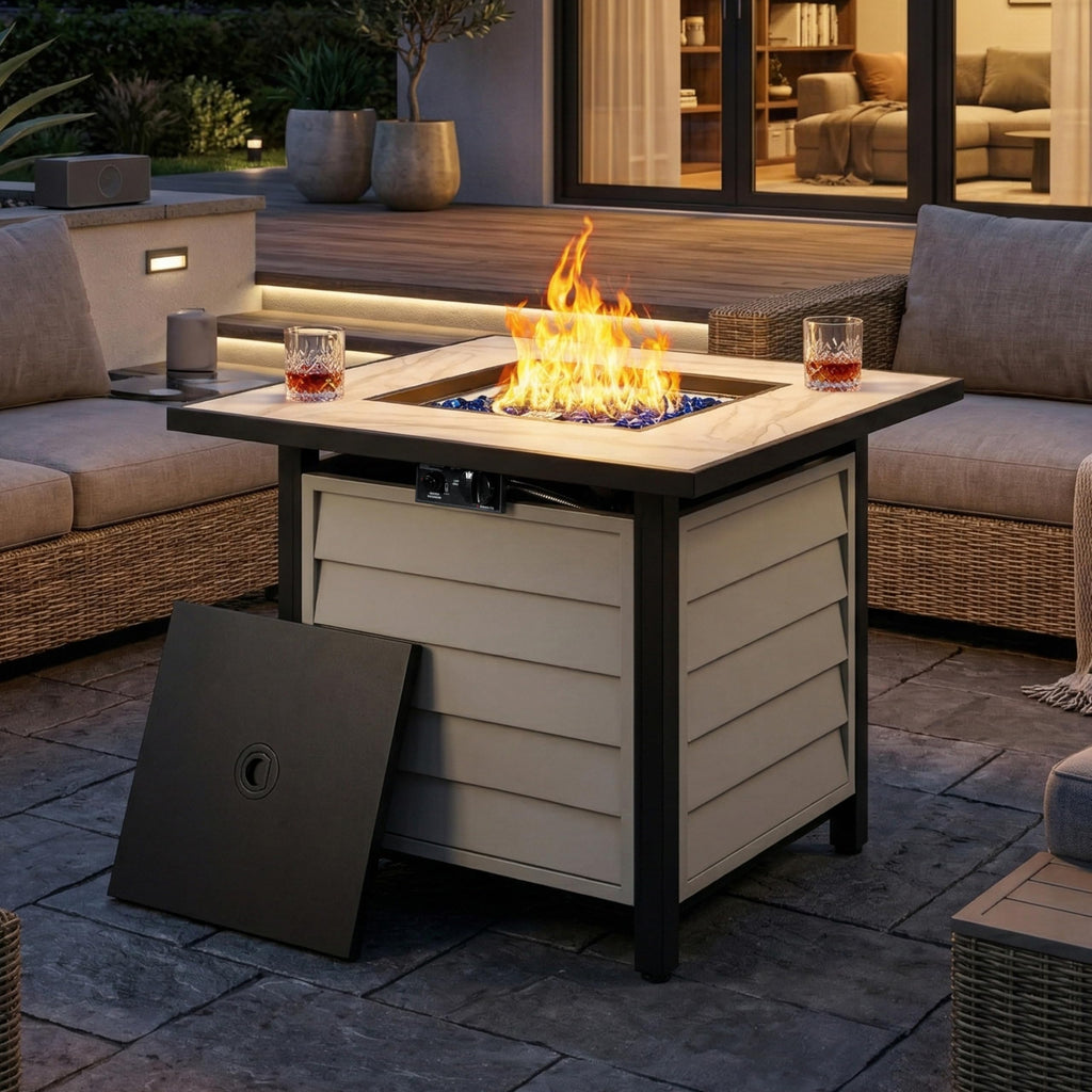 30" Outdoor Propane Fire Pit Table, 50,000 BTU Square Gas Fire Pit with Glass Beads, Lid, Marble Texture Glass