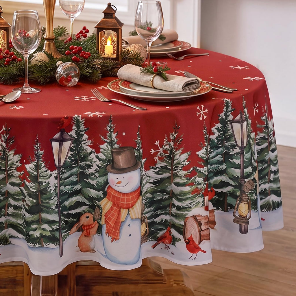 Christmas Table Cloth Round 70 Inch Winter Snowman Trees Red