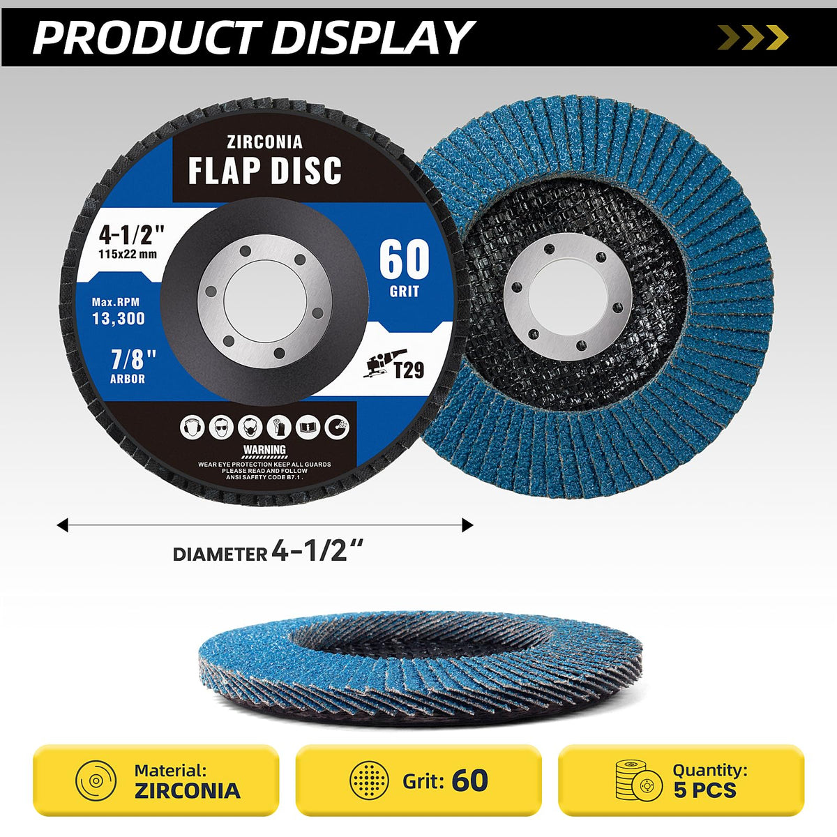 5 Pack Zirconia Flap Discs 4 1/2” 60 Grit Flap Discs for Angle Grinder T29 Grinding Wheels for Metal,Wood,Stainless Steel Grinding and Stock Removal
