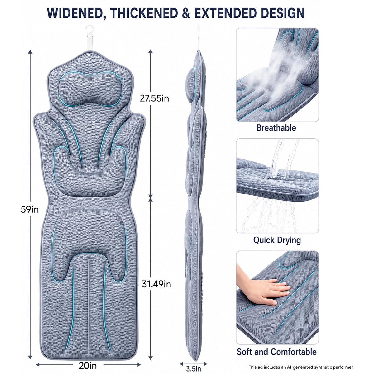 59''x 20'' Full Body Bath Pillow for Bathtub Thickened Bathtub Cushion 6D