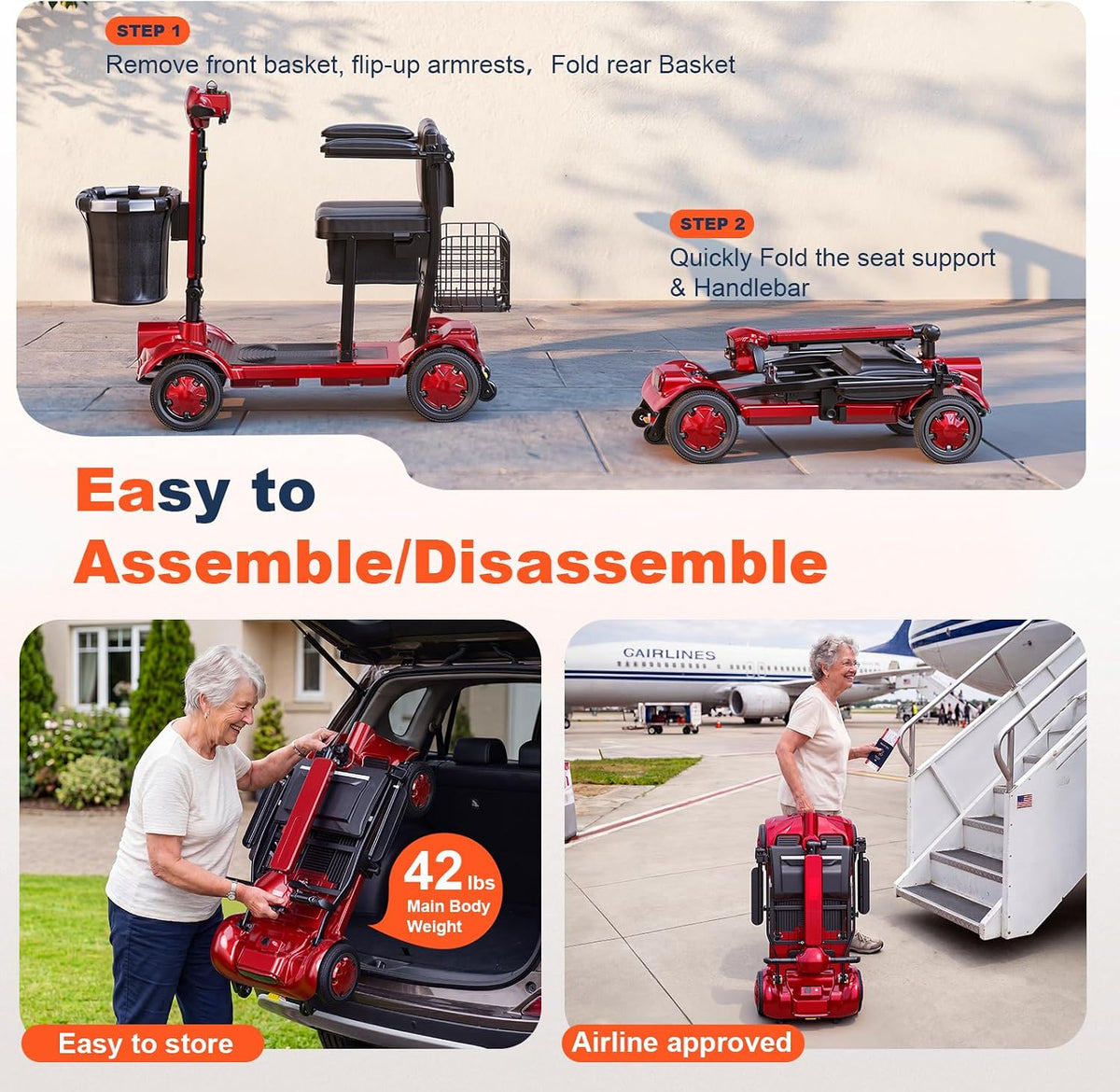 Lightweight Folding Mobility Scooter for Seniors & Adults, 42 lb Portable 4 Wheel Motorized Scooter, 20/40 Miles