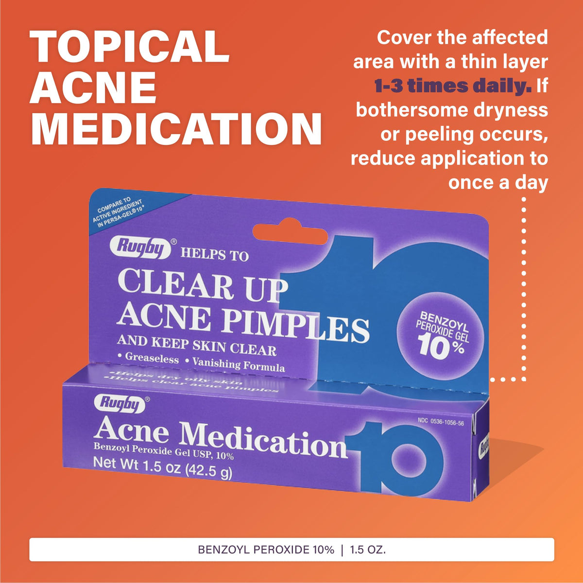 Rugby Acne Medication Benzoyl Peroxide Gel USP, 10% - Clear Up Acne Pimples - Greaseless, Vanishing Formula - 1.5 Oz