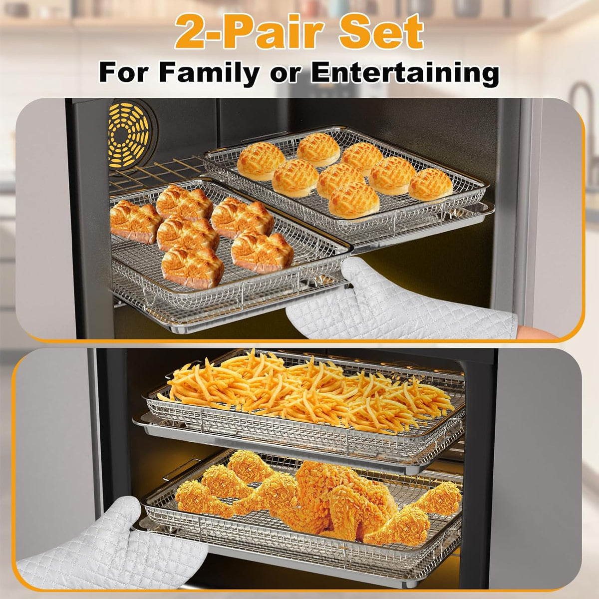 Air Fryer Basket Oven - 2 Set Large Air Fryer Basket and Tray Stainless Steel Oven Air Fryer Rack Pan Accessories for