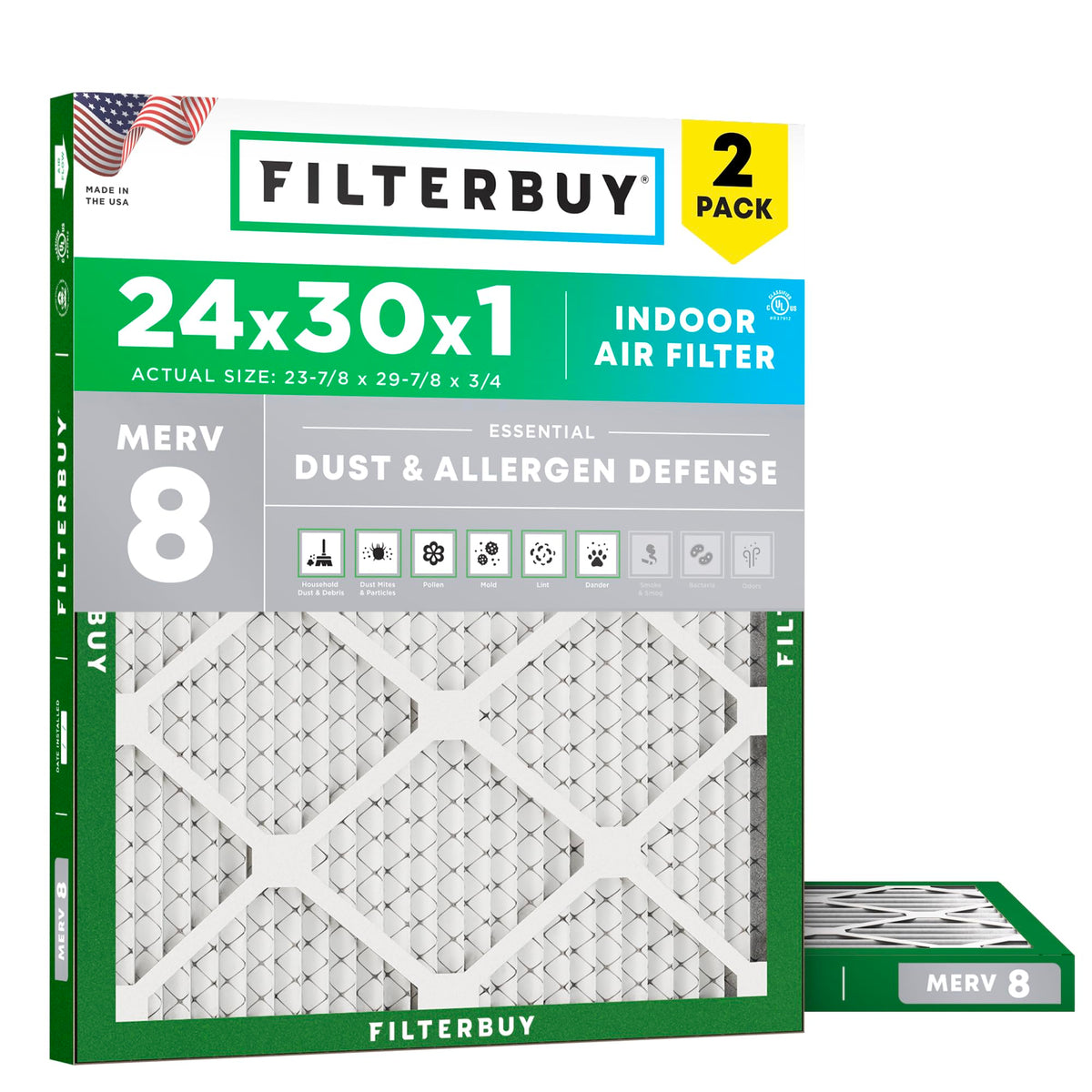 24x30x1 Air Filter MERV 8 Dust & Allergy Defense (2-Pack)