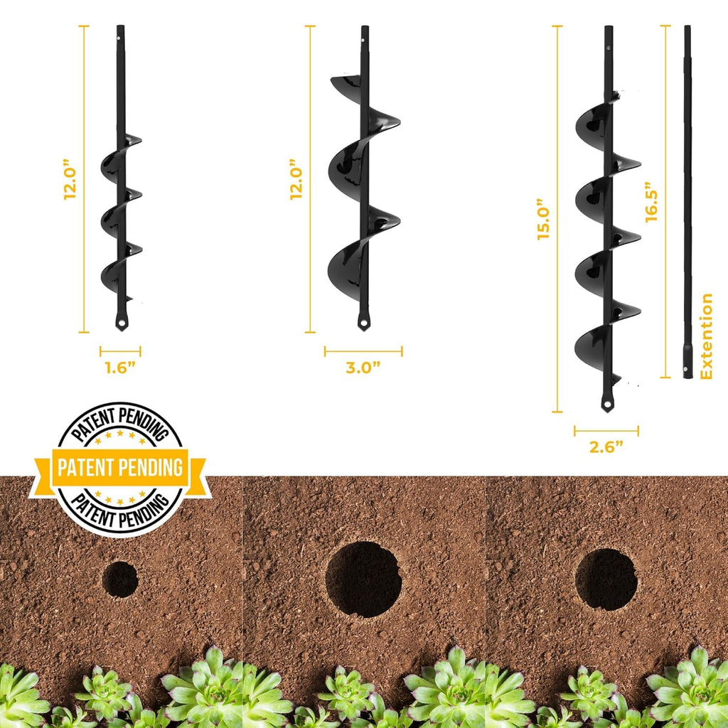 Auger Drill Bit for Planting 3 Pack with Extension - 3/8'' Hex Drive Drill