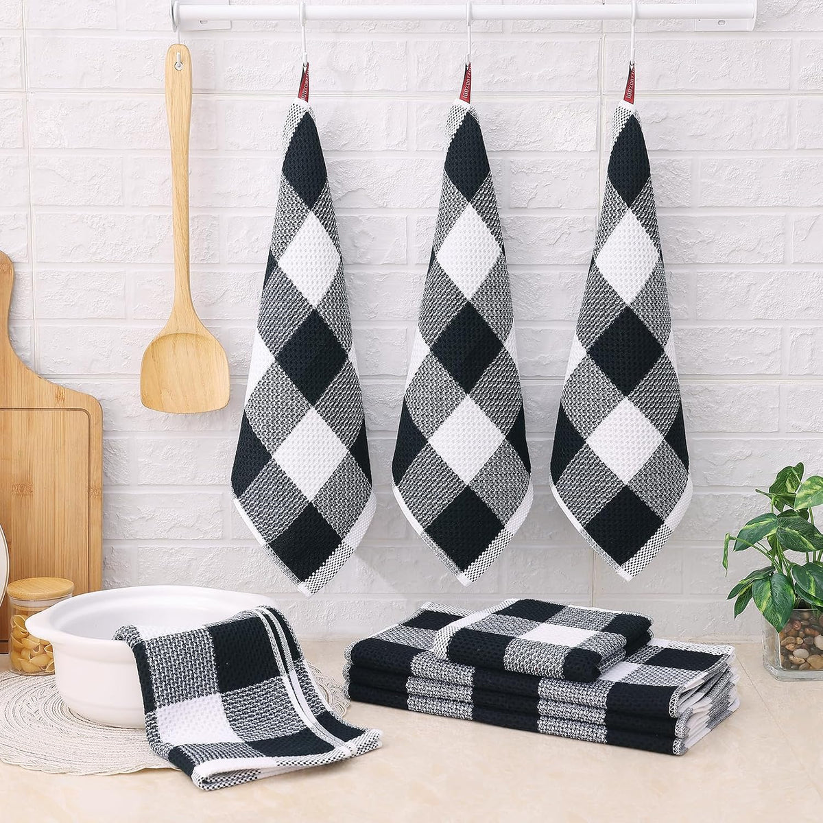 Kitchen Towels and Dishcloths Set, Set of 8, White & Black | Bulk Cotton Waffle Weave Check Plaid Kitchen Towels