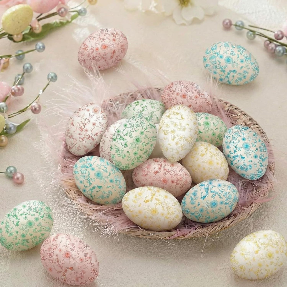 24 Pcs Easter Eggs Hanging Ornaments, Colorful Foam Easter Hanging Eggs Decorations with Bow Bunny and Floral Designs