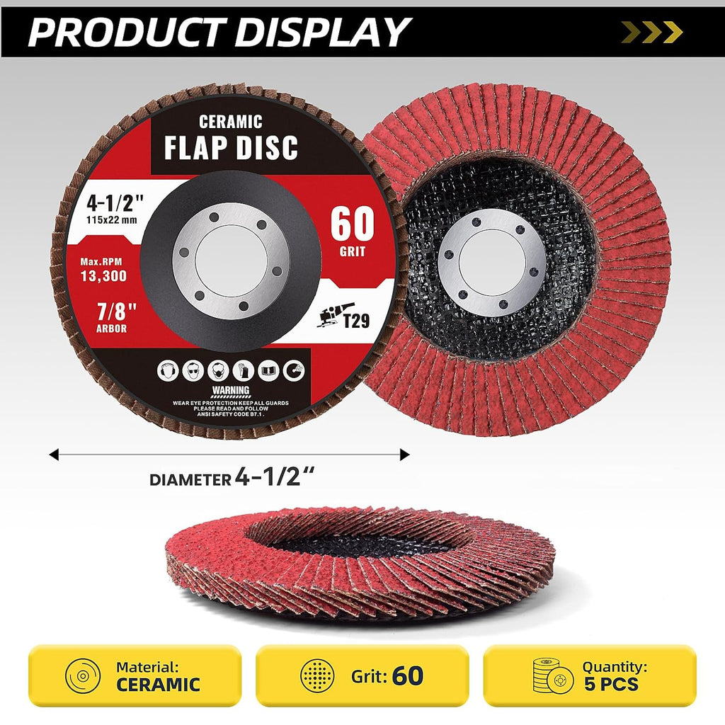 5 Pack Ceramic Flap Discs 4 1/2” 60 Grit Flap Discs for Angle Grinder T29 Grinding Wheels for Metal,Wood,Stainless Steel Heavy-Duty Aggressive Grinding
