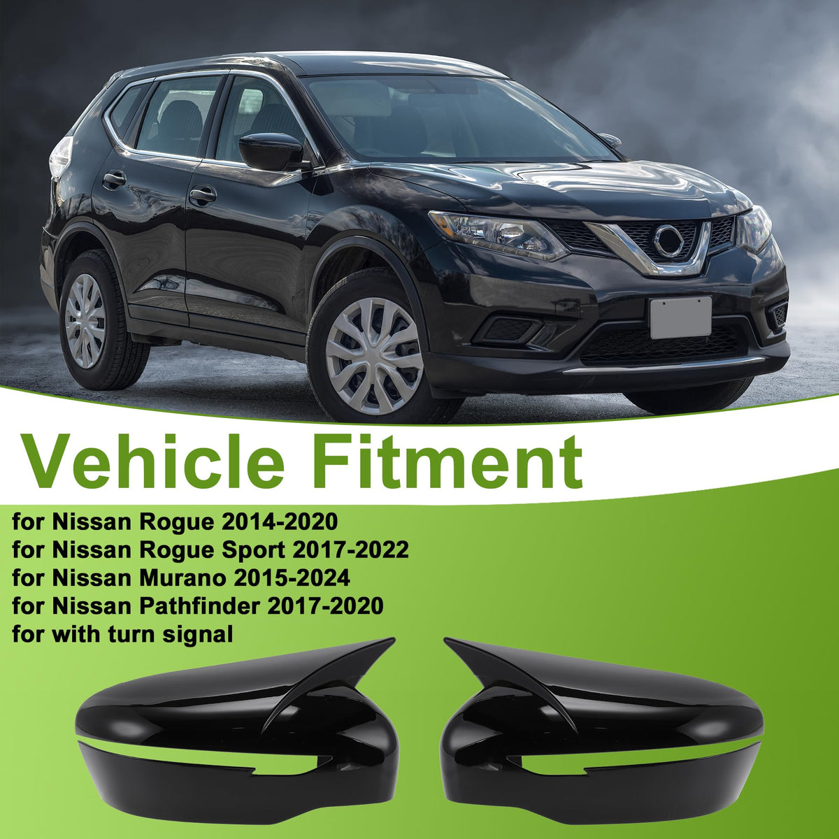 Motoforti 1 Pair Gloss Black ABS Mirror Cover Cap for Nissan Rogue 2014-2020 Murano 2015-2024 Ox Horn with Turn Signal Rearview Side Mirror Cover