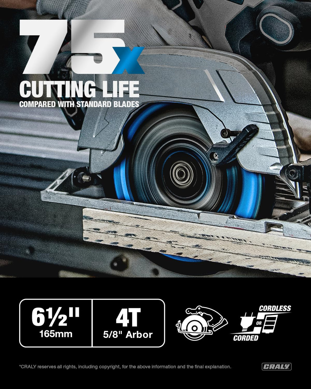 CRALY 6-1/2 Inch 4 Teeth Hardie Fiber Cement Circular Saw Blade, 5/8 Inch Arbor, Polycrystalline Diamond Tipped (PCD), Thin Kerf, Black Ice, for Laminate Flooring(C0604FC)