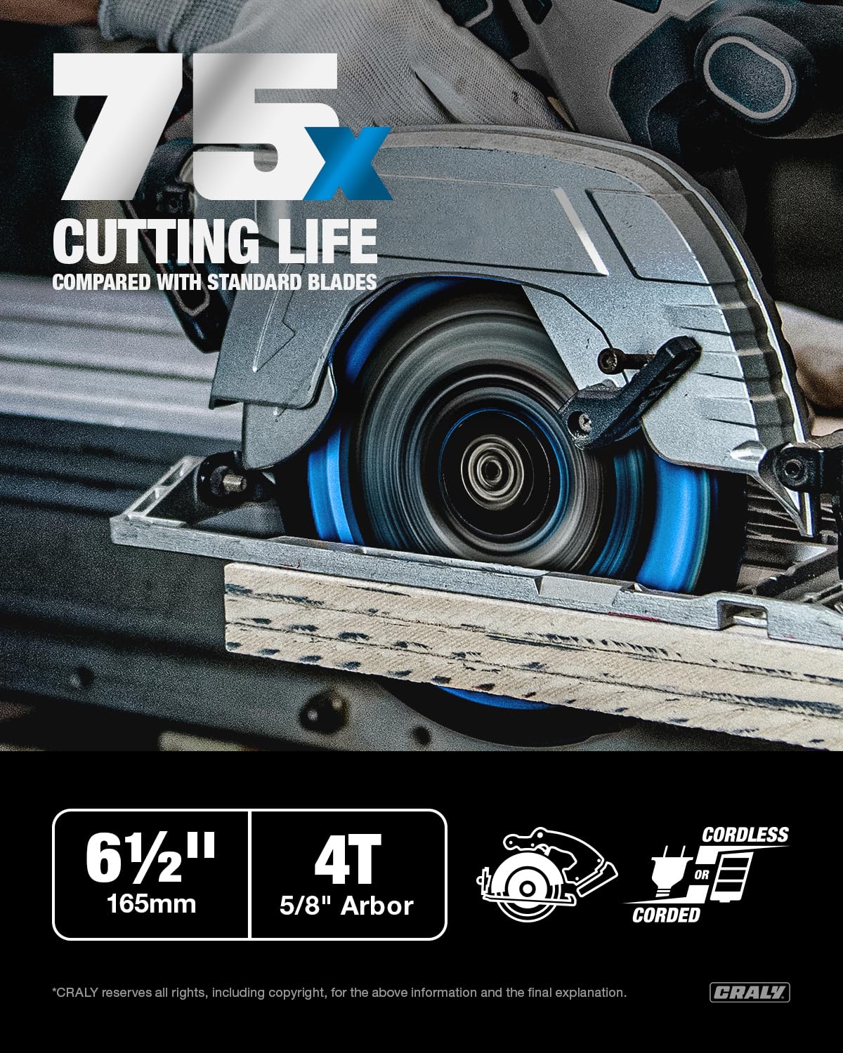 CRALY 6-1/2 Inch 4 Teeth Hardie Fiber Cement Circular Saw Blade, 5/8 Inch Arbor, Polycrystalline Diamond Tipped (PCD), Thin Kerf, Black Ice, for Laminate Flooring(C0604FC)