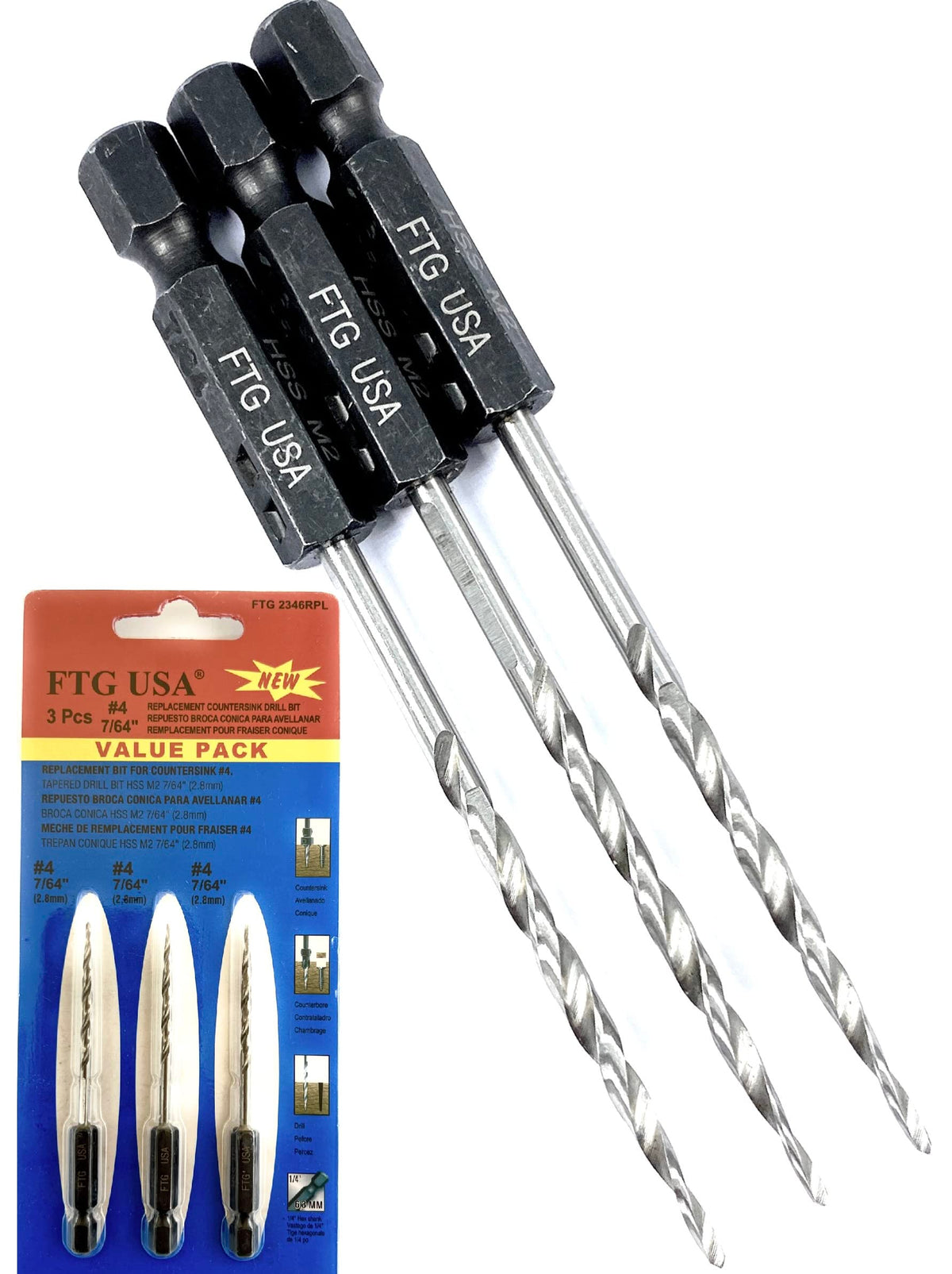 FTG USA 3 Pc #4 7/64" Replacement Tapered Drill Bits Only All Same Size Set