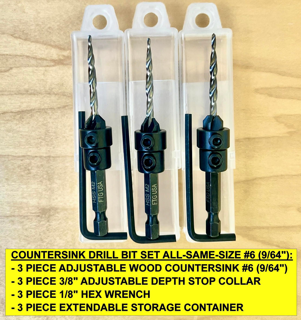 FTG USA 3 Pc #6 (9/64") Countersink Drill Bit Set with Tapered Drill Bits