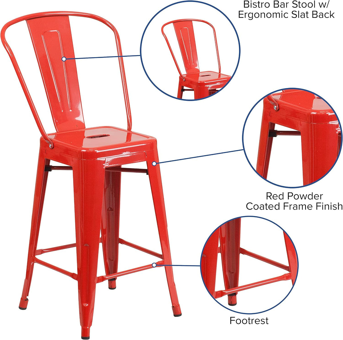 Commercial Grade 24" H Red Metal Indoor-Outdoor Counter Height Stool w/Back