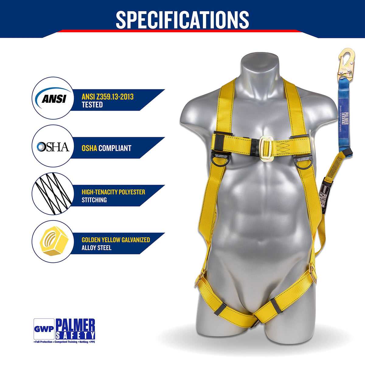 Safety Harness w/Detachable 6 ft Lanyard I Single Leg Lanyard w/Internal Shock Absorbing & Snap Hook I OSHA/ANSI Fall