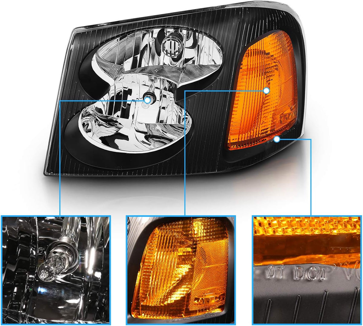 AmeriLite Black Replacement Headlights Set For GMC Envoy - Passenger and Driver Side with Hi/Lo Beam Bulbs