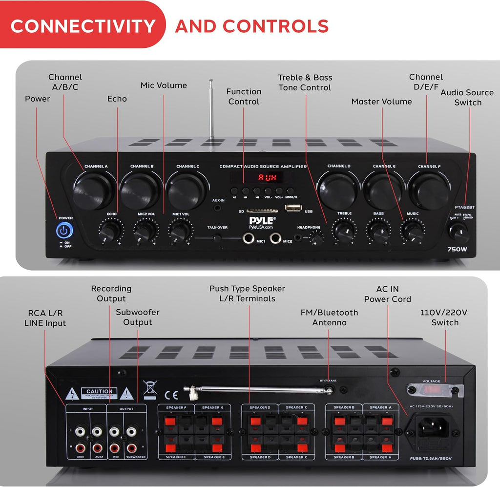 Bluetooth Wireless Home Amplifier System - Upgraded 6 Channel Audio, 750 Watt Power, Easy Karaoke, Stereo Receiver w