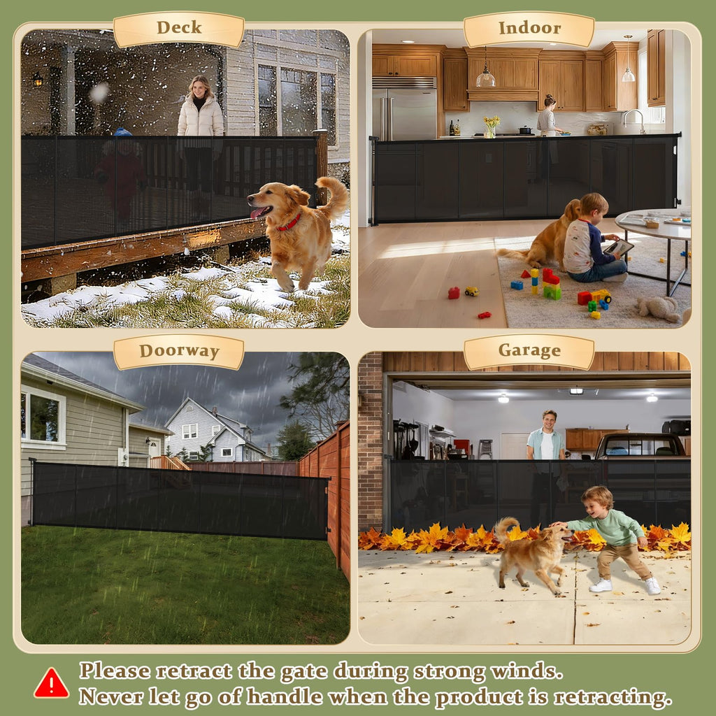 236" x 42" Tall Extra-Wide Retractable Indoor Mesh Pet & Child Safety Gate with One-Hand Safety Lock for Wide Openings, Patios & Stairways
