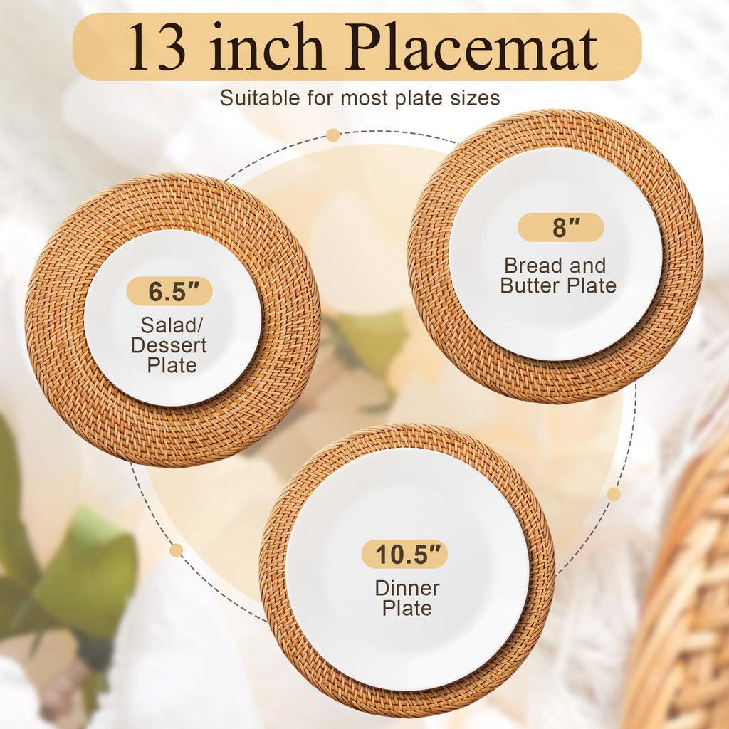 6 Pack Round Rattan Placemats, 13 Inch Rattan Chargers for Table