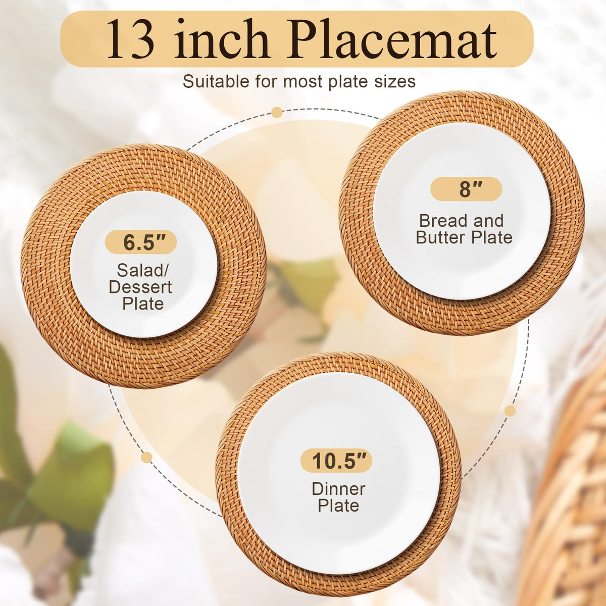 6 Pack Round Rattan Placemats, 13 Inch Rattan Chargers for Table