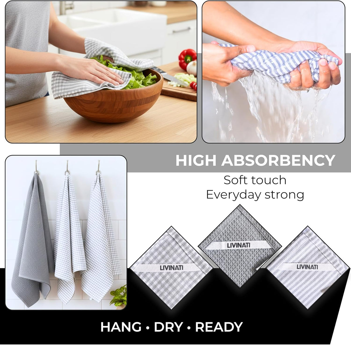 Cotton Dish Towels For Kitchen Drying - Highly Absorbent Light Gray Striped Gingham Plaid Tea Towels - 18"X28" Set Of