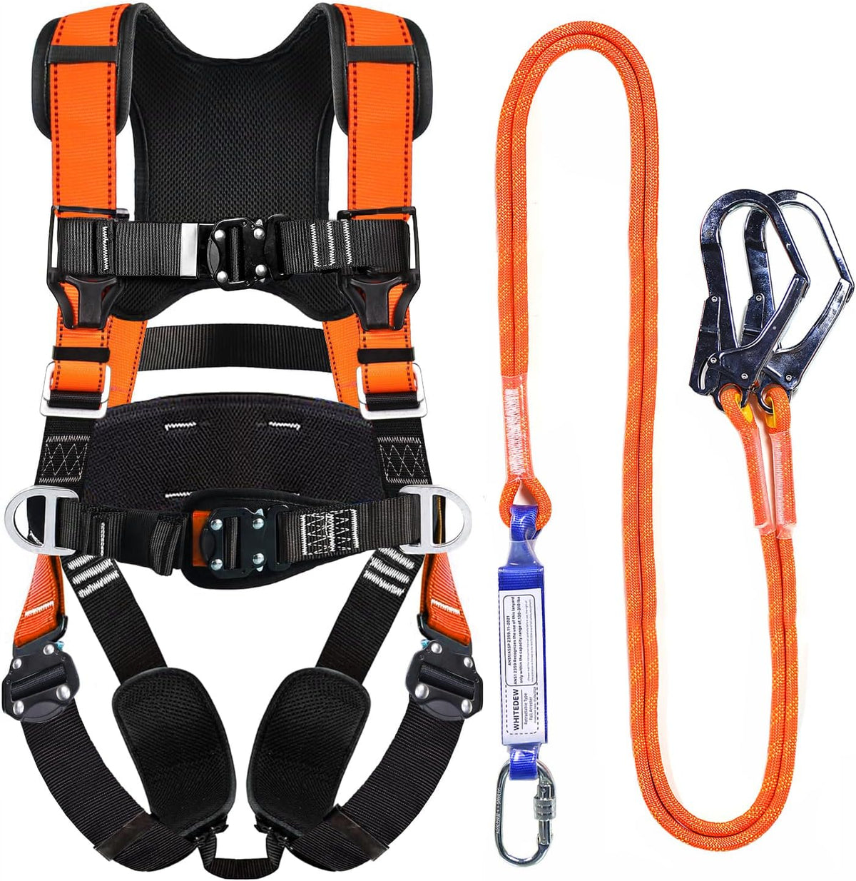 Fall Protection Premium Safety Harness with Shock Absorbing Lanyard, Vented & Padded Shoulder, Legs & Back - Upgrade