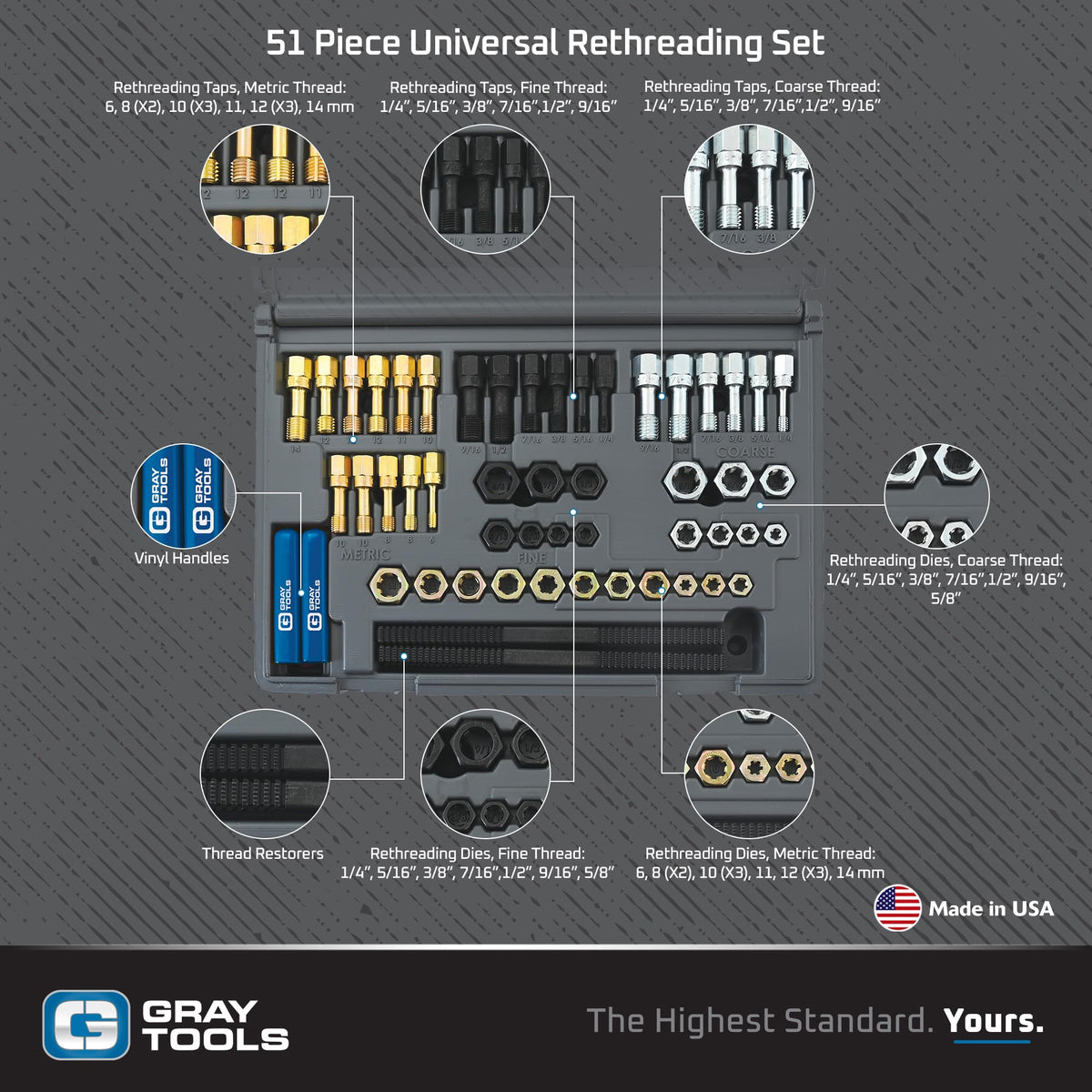 51 Piece Rethreading Kit, 23 Taps, 25 Dies, 3 Thread Restorers, Made in USA