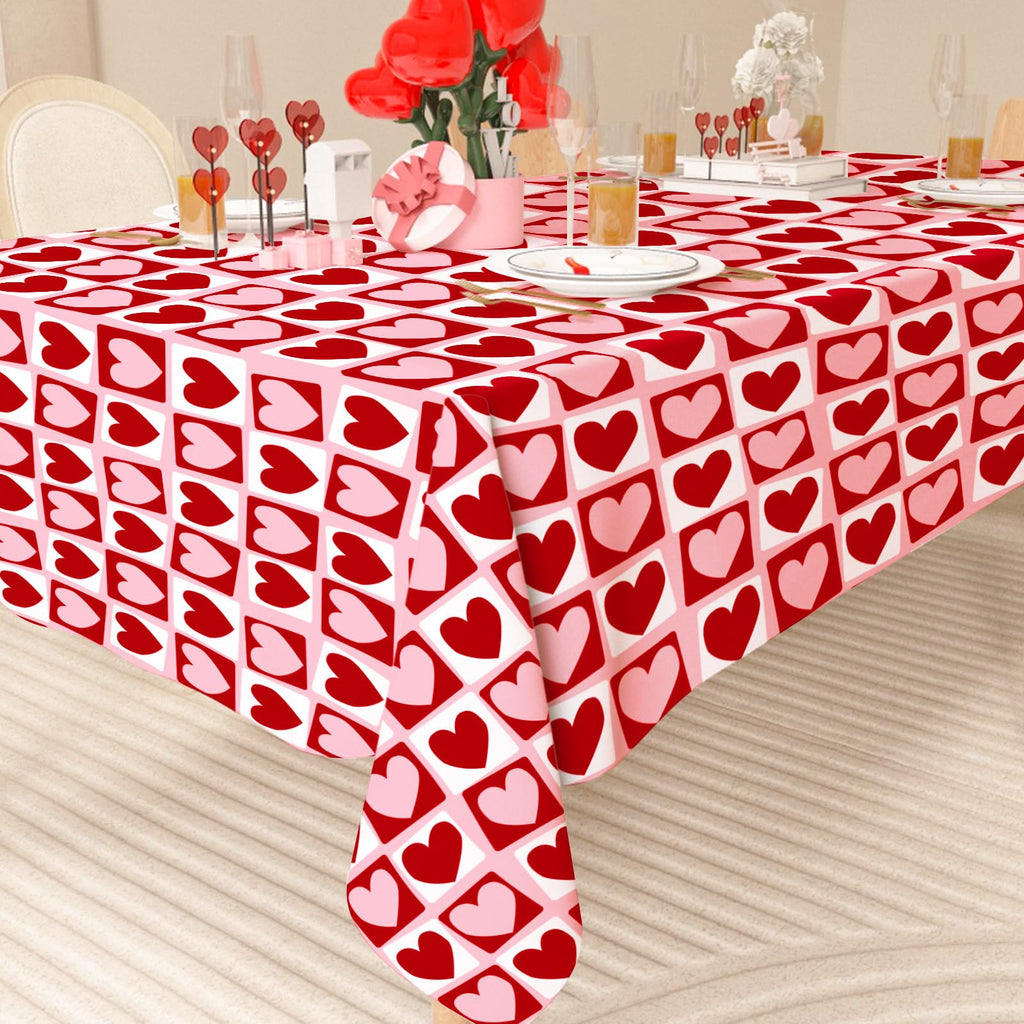 Valentine's Day Rectangle Tablecloth Red Pink Hearts Plaids Fabric Table Cloth Washable Love Heart Table Cover for