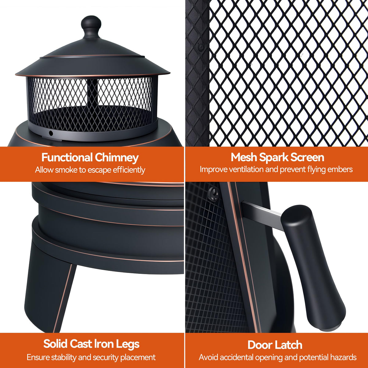 Metal Outdoor Fire Pit for Outside Wood Burning，24 Inch Chiminea Outdoor Fireplace with Adjustable Grill Tray, Spark