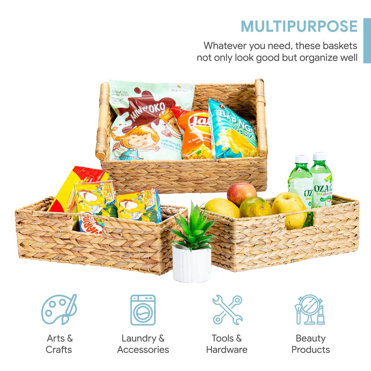 Large Water Hyacinth Storage Baskets for Organizing with Wooden Handles for Shelves, 2 Bathroom Small Basket, Water