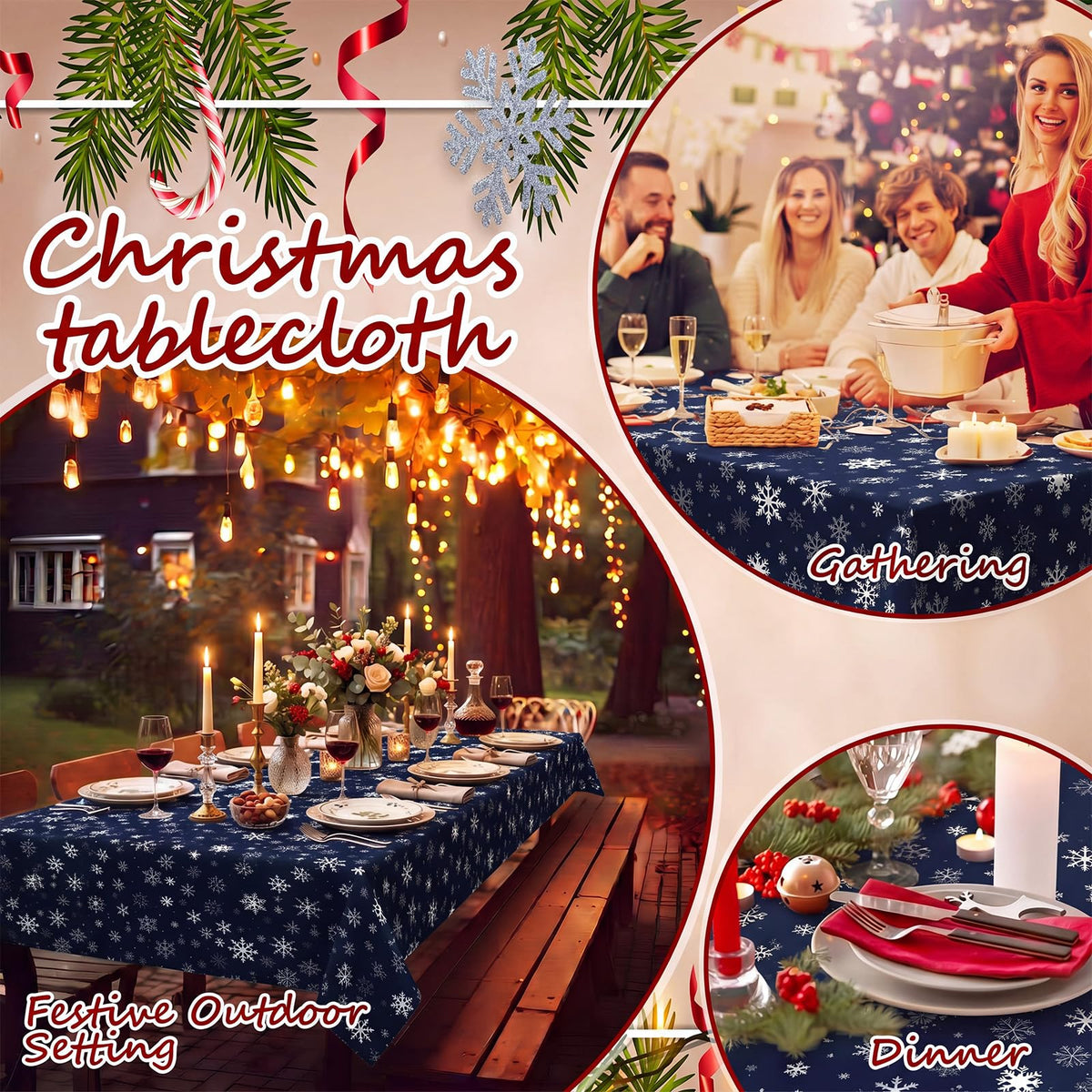Christmas Tablecloth 60 x 84 Inch, Navy Blue Snowflake Rectangle
