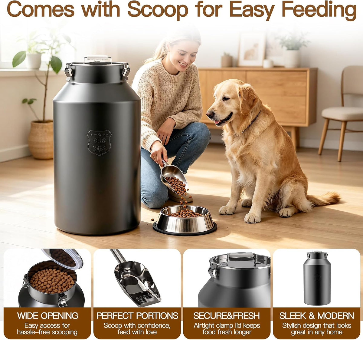 Stainless Steel Dog Food Storage Container 45 lb with Scoop & Lid