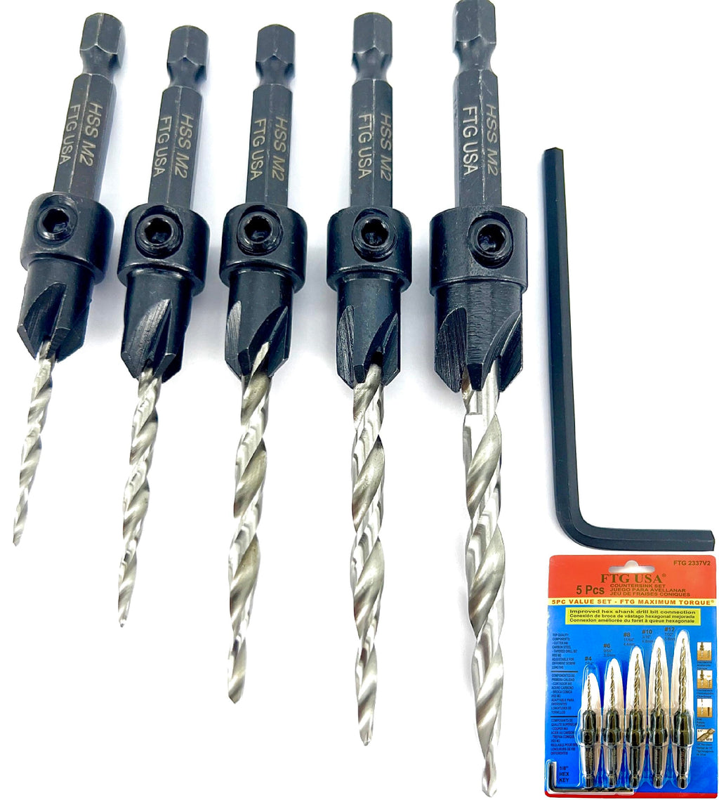 FTG USA 5 Pc #4#6#8#10#12 Countersink Drill Bit Set, Tapered Bits