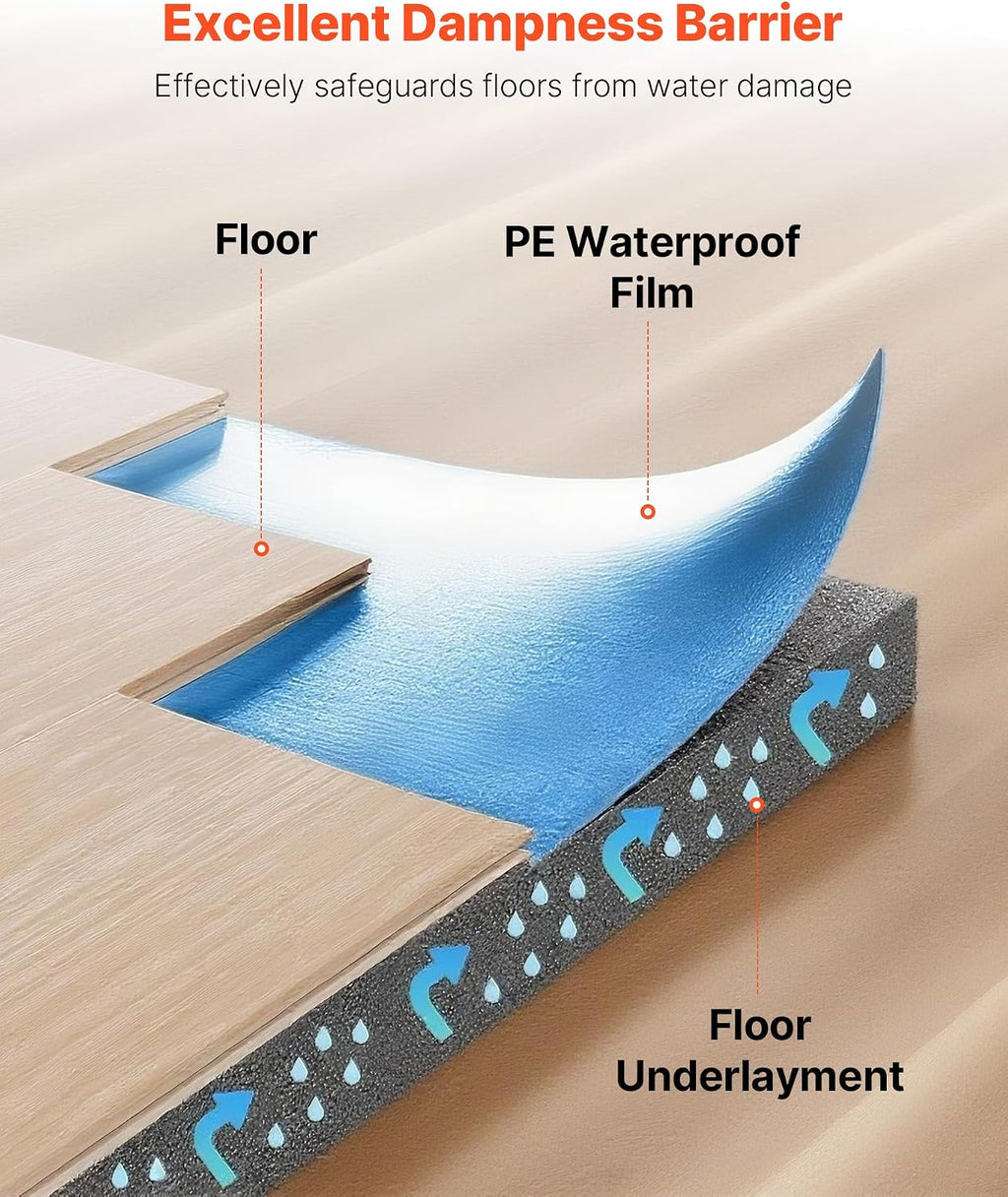 Floor Underlayment 100 sq. ft/Roll, 3 mm Thick Laminate Flooring Padding with Attached Vapor Barrier, Heavy Duty
