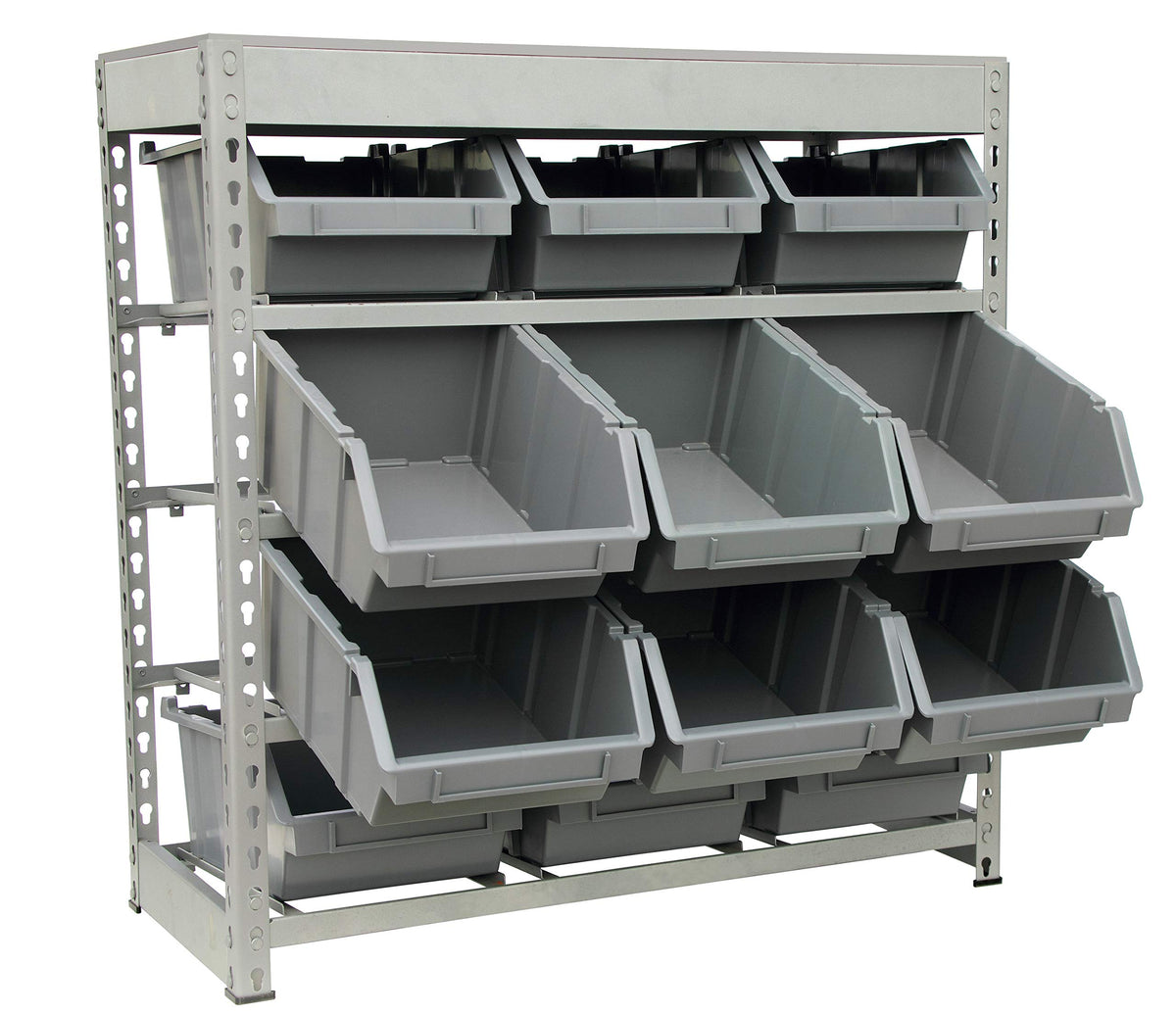 Bin Rack Boltless Steel Storage System Organizer w/ 12 Plastic Bins in 4 tiers
