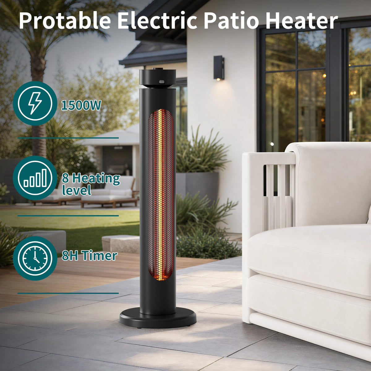 1500W Electric Patio Heater for Outdoor Use, Infrared Heater with 8 Heat Levels, 60° Oscillation, Remote Control