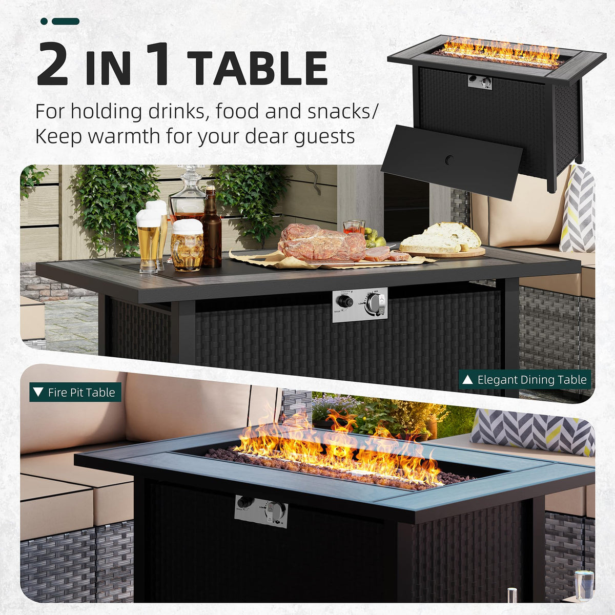 44 in Propane Fire Pit Table for Outside Patio with Lava Rocks, Black