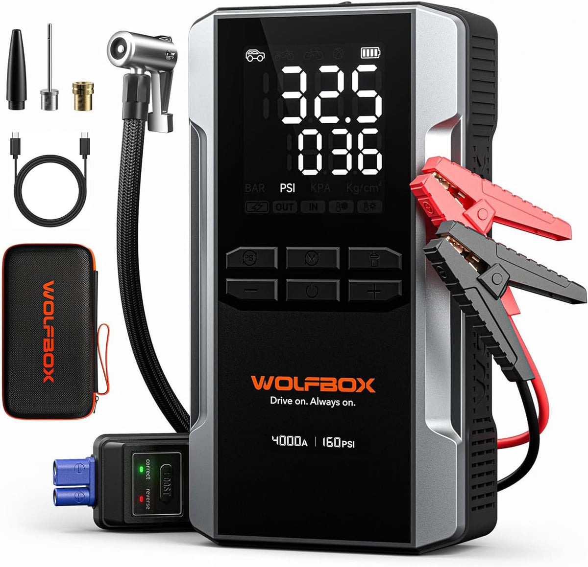 4000A Jump Starter with 160PSI Air Compressor, 12V Car Battery Booster, 88.8Wh Portable Jump Box (10.0 Gas/10.0L