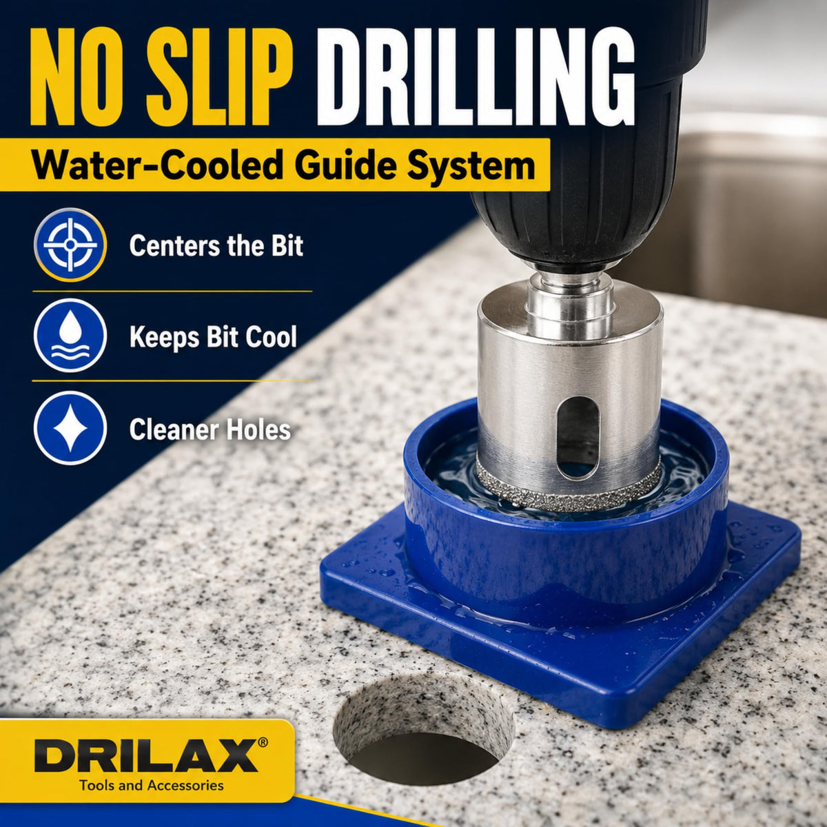 1 1/2 in Diamond Hole Saw Kit, Water-Cooled Guide for Clean, No-Chip Holes