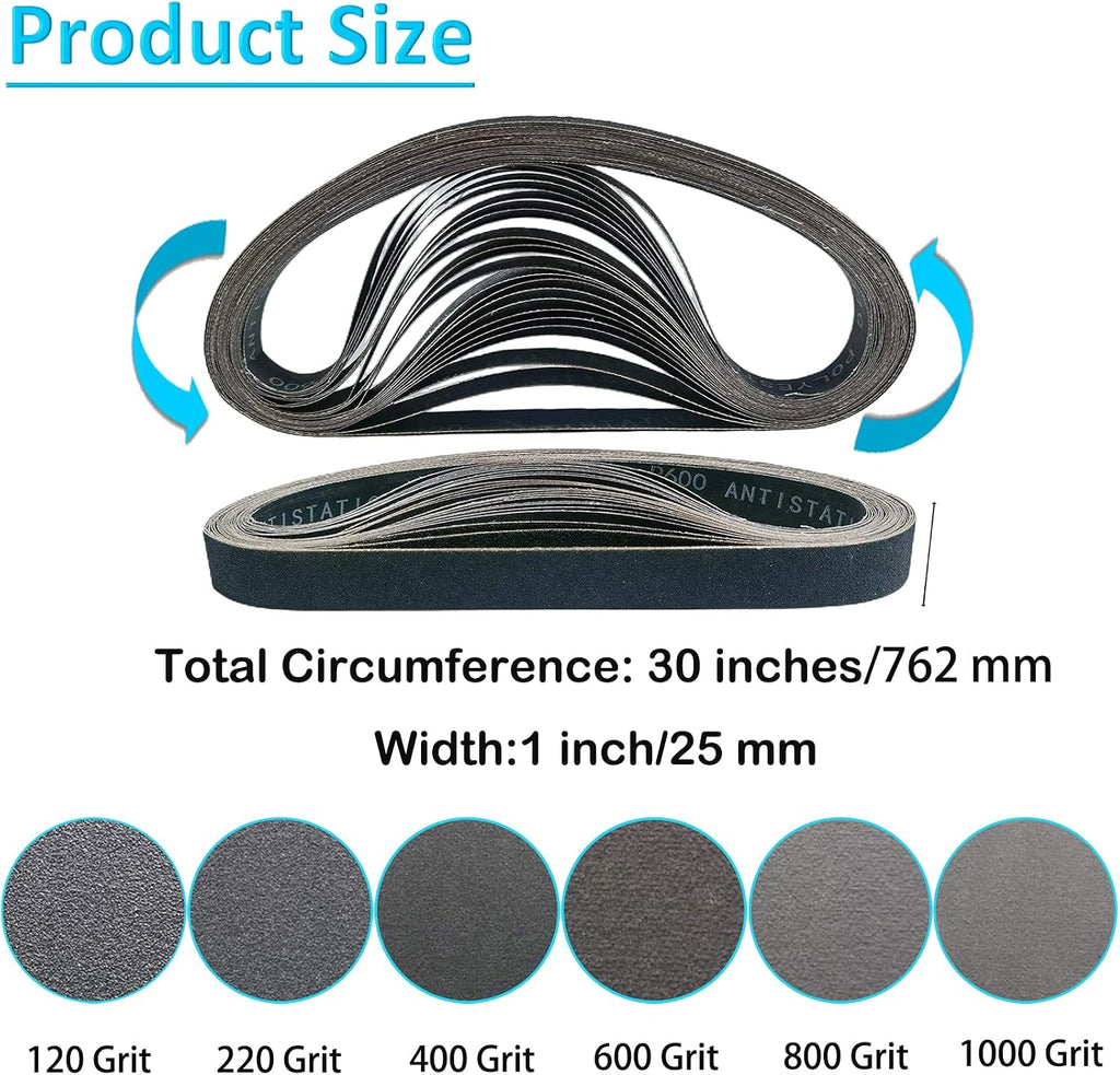24 Pack 1 x 30 Inch Silicon Carbide Sanding Belts Assorted -120 240 400 600 800 and 1000 Grits, High Performance Sander Belts For Knife Sharpening and Metalworking