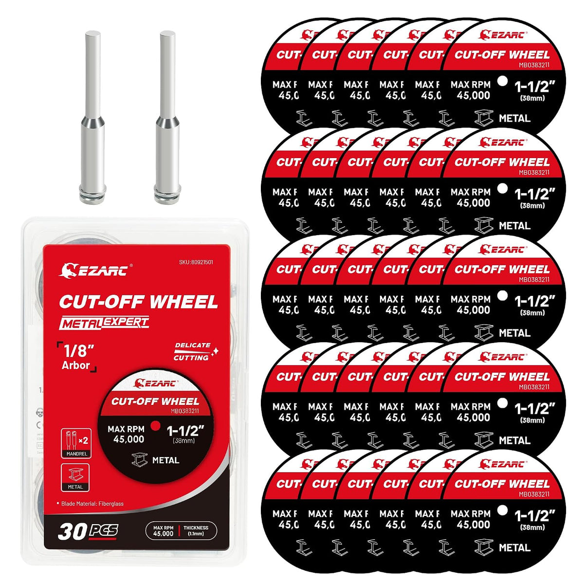 EZARC 1-1/2 Cut Off Wheels, 1.5" x 1/8" Fiberglass Reinforced Rotary Tool Cutting Disc Accessories Include Mandrels, 32-Pack