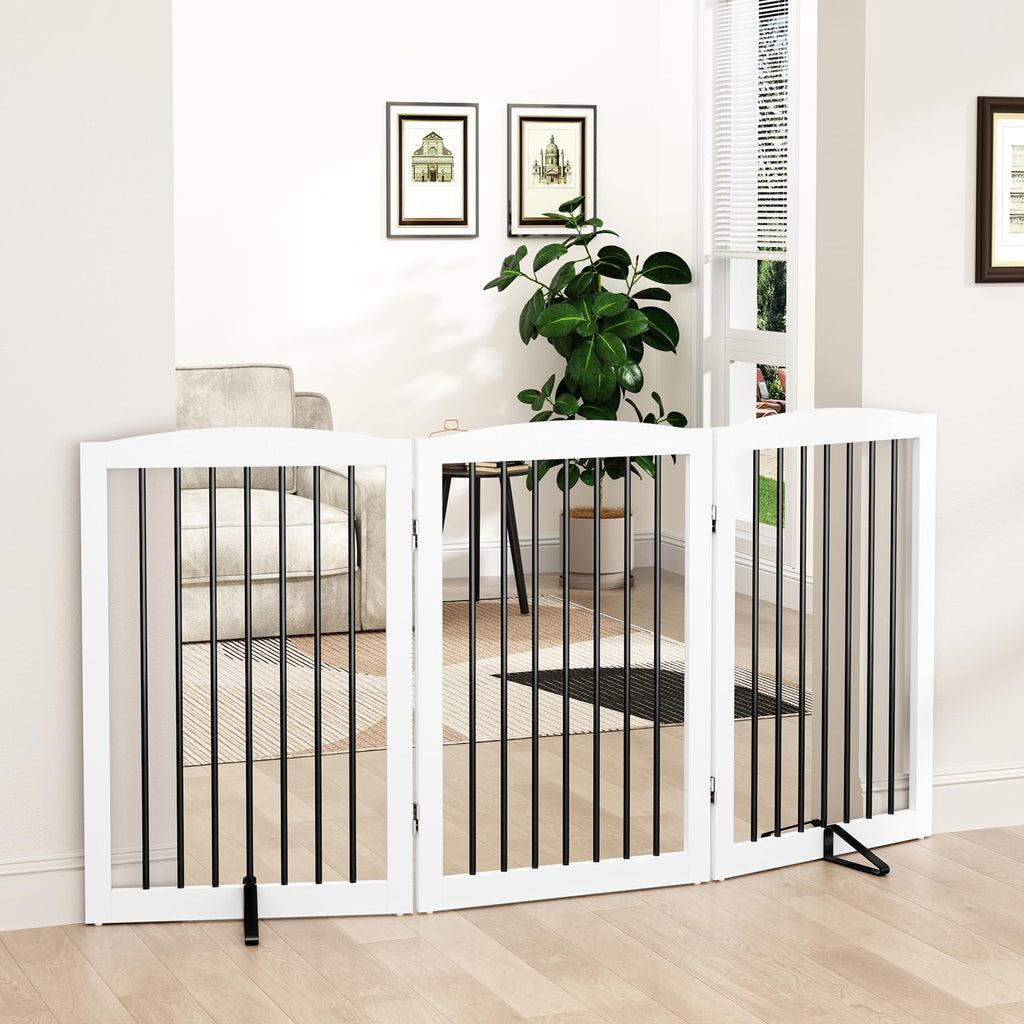 Freestanding Solid Wood Folding Pet & Dog Barrier Gate with Support Feet for Wide Indoor Openings, Hallways & Stairs