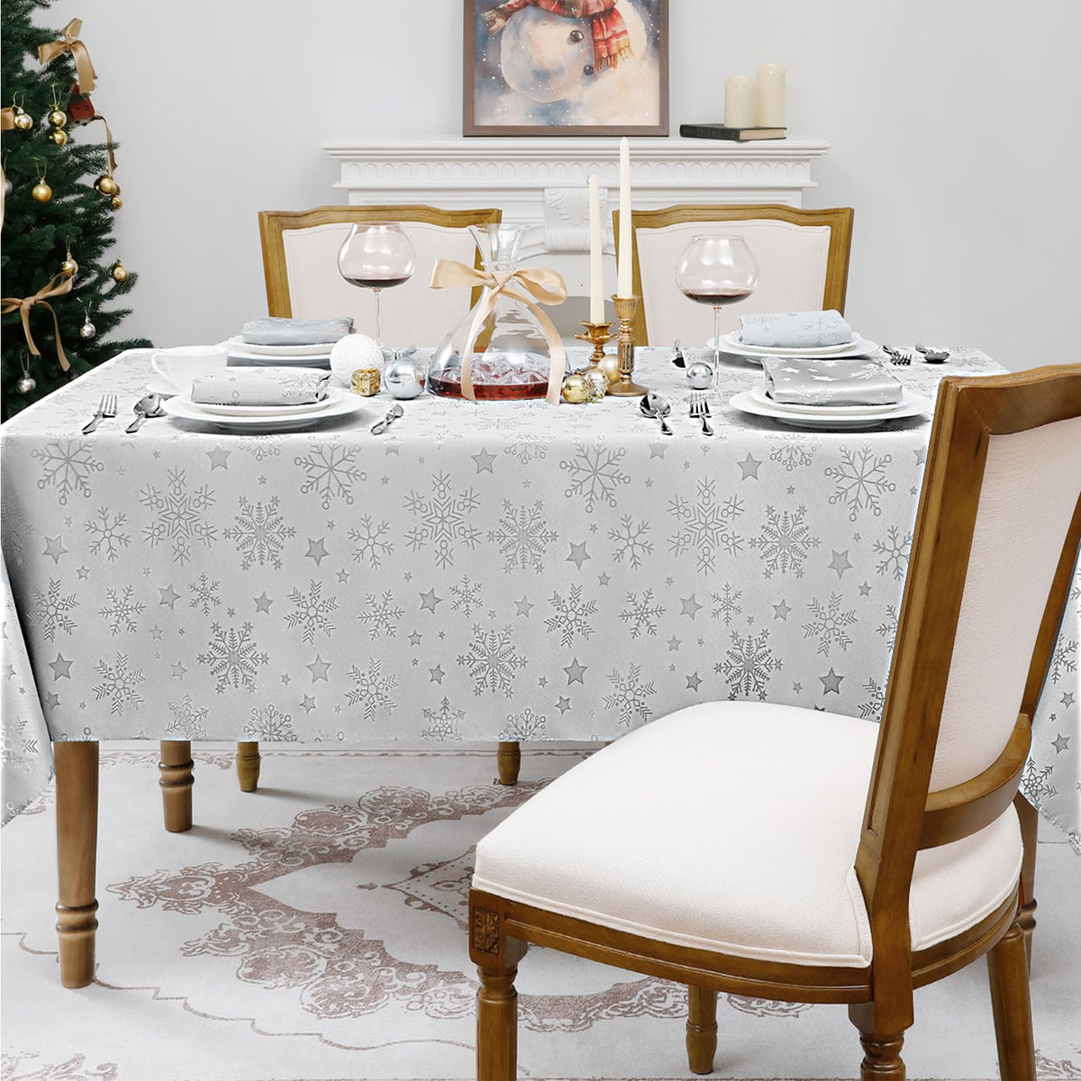 Silver Christmas Jacquard Rectangle Tablecloth with Snowflake