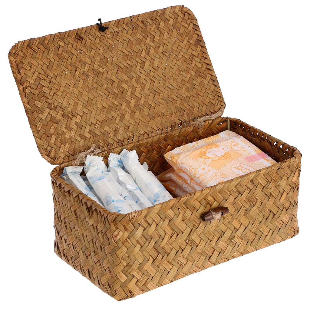 Small Wicker Basket with Lid,Tampon Holder for Bathroom,Caramel,XS