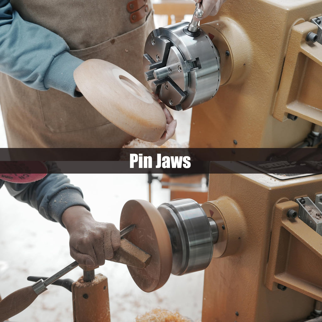 5.5" Woodlathe Chuck, Thread 1-1/4"x8TPI", Dovetail Jaws, Pin Jaws, 10" Flat Jaws, Step Jaws, Wide Jaws, Wood Screw, Thread adaptor to 1"x8TPI, Two Nylon Washers, Two Chuck Keys and T Handle Key.
