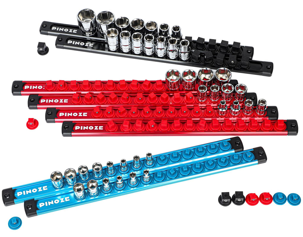 8PCS Magnetic Socket Holder Organizer Set - 1/4, 3/8, 1/2 - Aluminum Alloy Socket Rail Trays for Tool Box Drawer