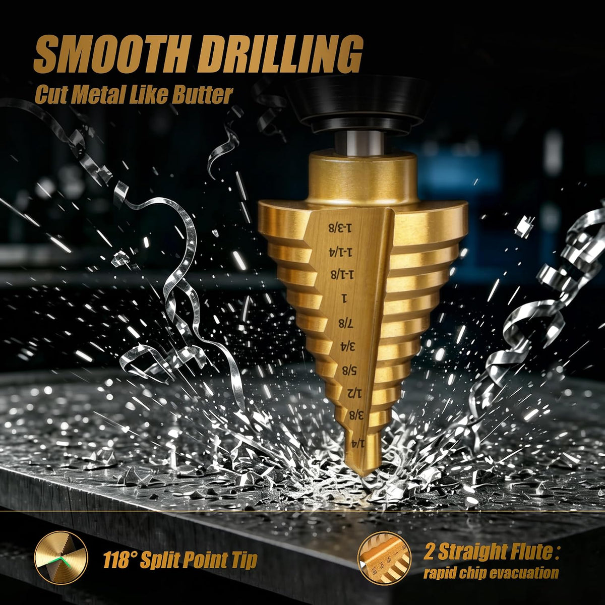 Step Drill Bit Set Unibit 5PCS,HSS Titanium Coated, 50 Sizes High Speed Steel for Metal, Sheet Metal, Plastic & Wood, with Automatic Center Punch & Aluminum Case