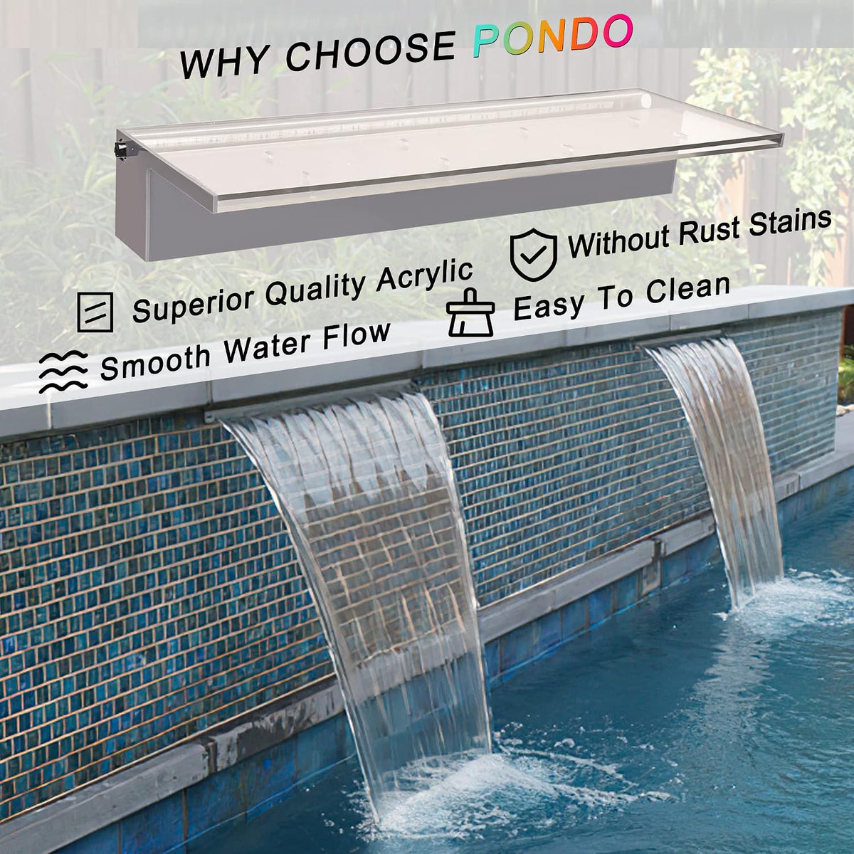 24'' APP Pool Waterfall with 16 Colors LED Lights, Acrylic Pond Fountain Set for Outdoor Decorations, Patio Waterfall